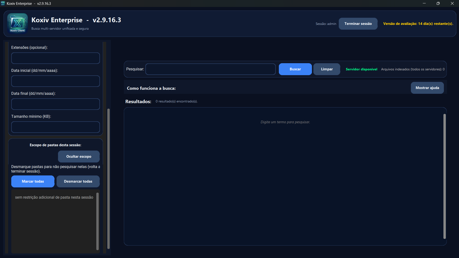 Koxiv Enterprise — cliente com busca, escopo e filtros