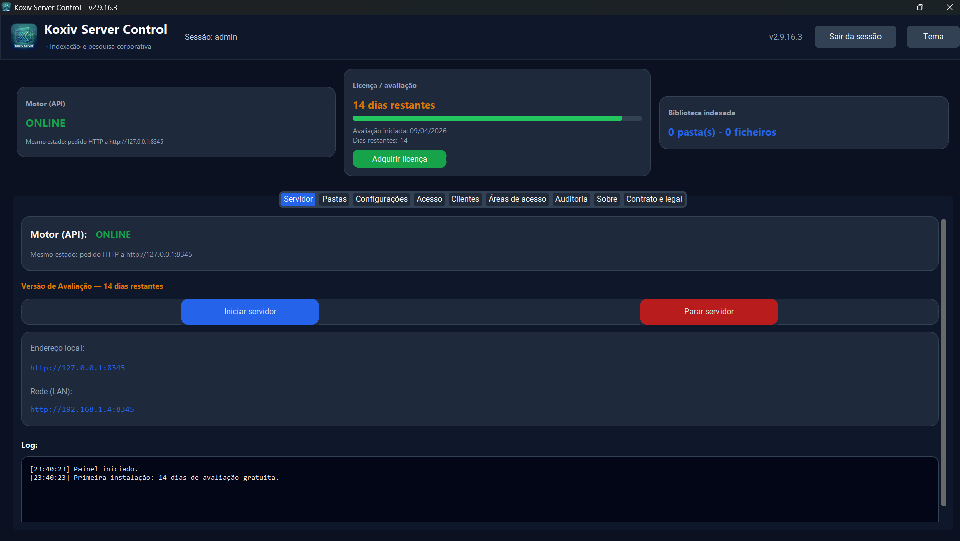 Koxiv Network — interface do servidor (motor e pastas)